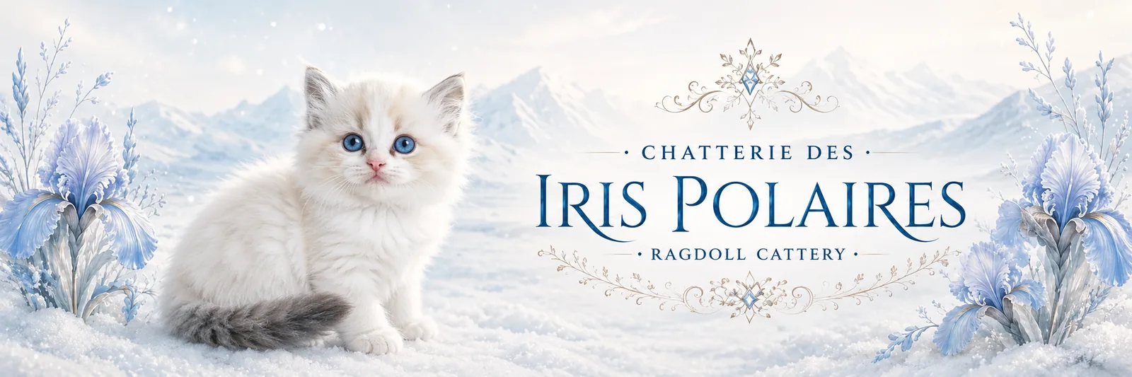 Blue-eyed Ragdoll kitten in the snow — Iris Polaires Cattery banner