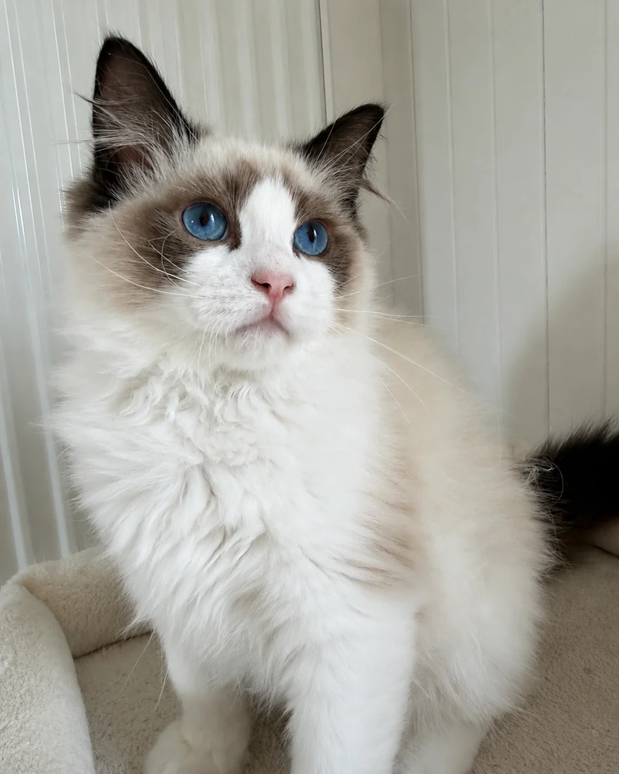 Royaume d’Élégance Bijou, young seal bicolour Ragdoll male sitting, inverted-V mask and blue eyes